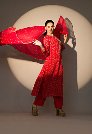 Bandhej Printed Chinon Chiffon Pakistani Suit in Red