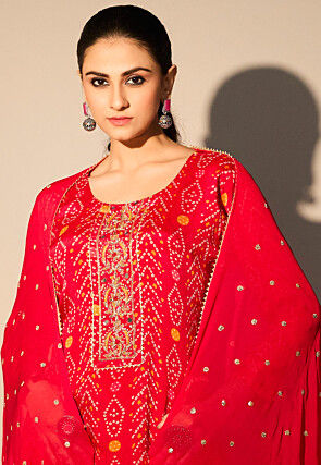 Bandhej Printed Chinon Chiffon Pakistani Suit in Red
