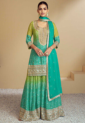 Bandhej Printed Chinon Chiffon Pakistani Suit in Shaded Light Green and Teal Green
