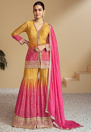 Bandhej Printed Chinon Chiffon Pakistani Suit in Shaded Mustard and Pink