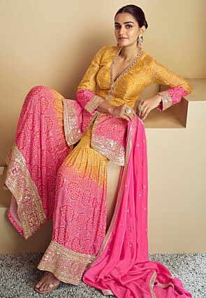 Bandhej Printed Chinon Chiffon Pakistani Suit in Shaded Mustard and Pink