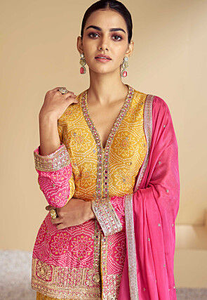 Bandhej Printed Chinon Chiffon Pakistani Suit in Shaded Mustard and Pink