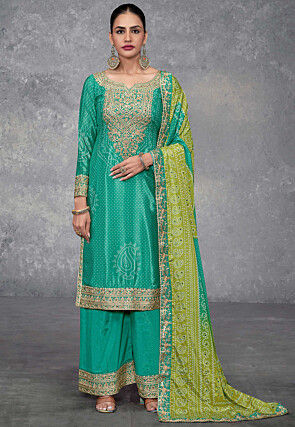 Bandhej Printed Chinon Chiffon Pakistani Suit in Teal Green