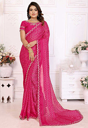Bandhej Printed Chinon Chiffon Saree in Fuchsia