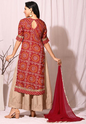 Bandhej Printed Chinon Crepe Abaya Style Suit in Red and Beige