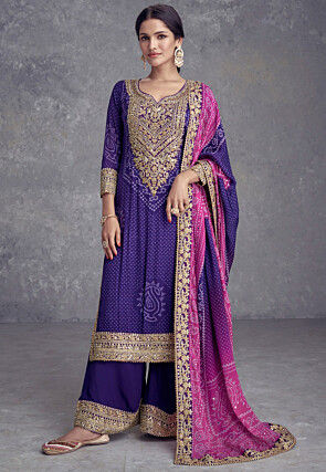 Bandhej Printed Chinon Crepe Pakistani Suit in Indigo Blue