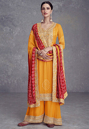 Bandhej Printed Chinon Crepe Pakistani Suit in Mustard