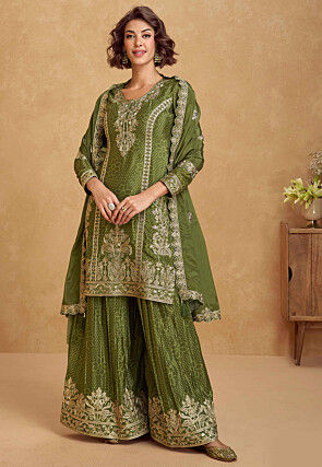 Bandhej Printed Chinon Crepe Pakistani Suit in Olive Green