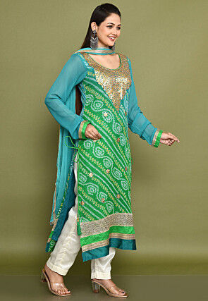 Bandhej Printed Chinon Crepe Pakistani Suit in Ombre Green