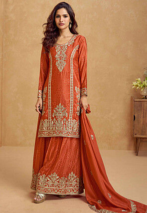 Bandhej Printed Chinon Crepe Pakistani Suit in Orange