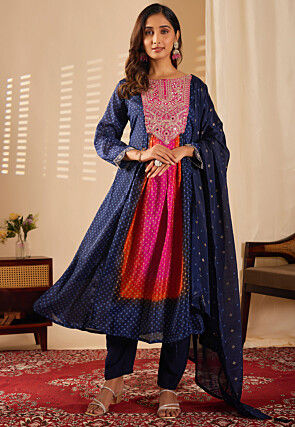 Bandhej Printed Chinon Silk A Line Suit in Navy Blue
