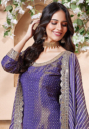 Bandhej Printed Chinon Silk Anarkali Suit in Dark Indigo Blue