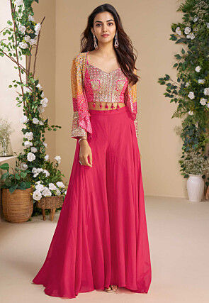 Bandhej Printed Chinon Silk Crop Top Set in Pink