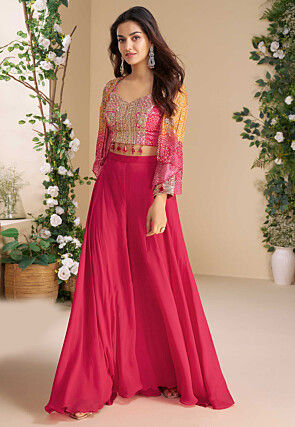 Bandhej Printed Chinon Silk Crop Top Set in Pink