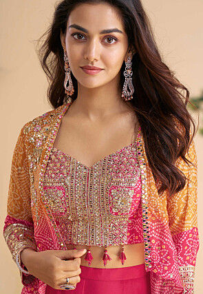 Bandhej Printed Chinon Silk Crop Top Set in Pink