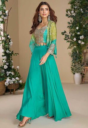 Bandhej Printed Chinon Silk Crop Top Set in Teal Green