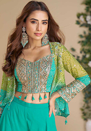 Bandhej Printed Chinon Silk Crop Top Set in Teal Green