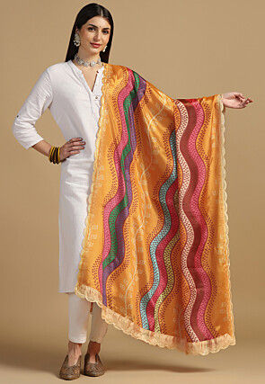 Bandhej Printed Chinon Silk Dupatta in Orange