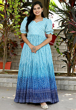 Bandhej Printed Chinon Silk Flared Gown in Sky Blue