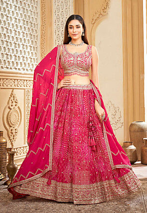 Bandhej Printed Chinon Silk Lehenga in Fuchsia