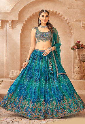 Bandhej Printed Chinon Silk Lehenga in Green and Blue