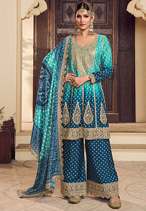 Bandhej Printed Chinon Silk Pakistani Suit in Shaded Blue