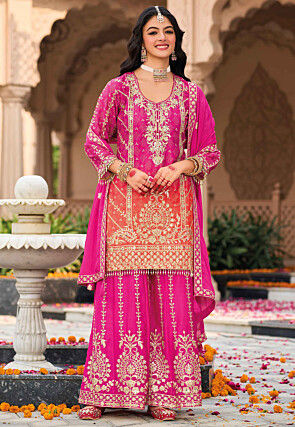 Bandhej Printed Chinon Silk Pakistani Suit in Fuchsia and Orange