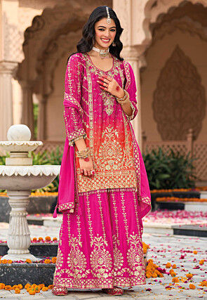 Bandhej Printed Chinon Silk Pakistani Suit in Fuchsia and Orange