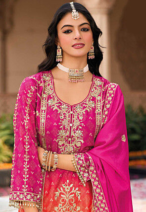 Bandhej Printed Chinon Silk Pakistani Suit in Fuchsia and Orange