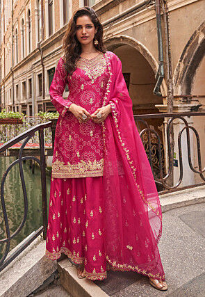 Bandhej Printed Chinon Silk Pakistani Suit in Fuchsia