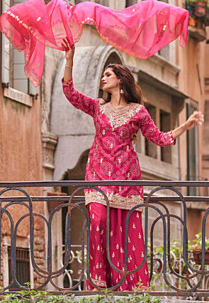 Bandhej Printed Chinon Silk Pakistani Suit in Fuchsia