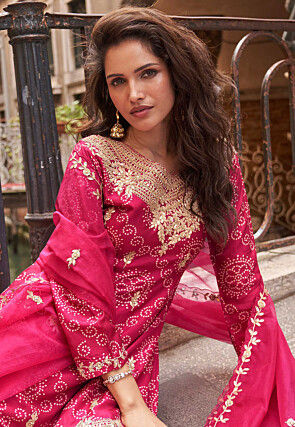 Bandhej Printed Chinon Silk Pakistani Suit in Fuchsia