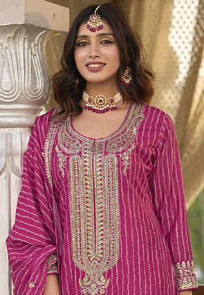 Bandhej Printed Chinon Silk Pakistani Suit in Fuchsia