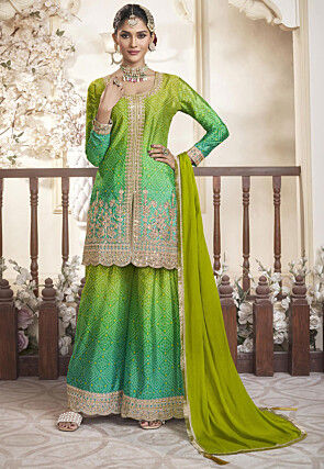 Bandhej Printed Chinon Silk Pakistani Suit in Green Ombre