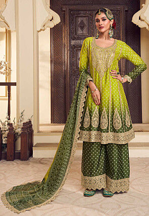 Bandhej Printed Chinon Silk Pakistani Suit in Shaded Green
