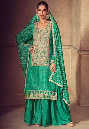 Bandhej Printed Chinon Silk Pakistani Suit in Green