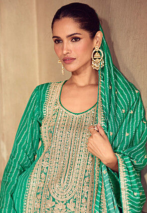 Bandhej Printed Chinon Silk Pakistani Suit in Green