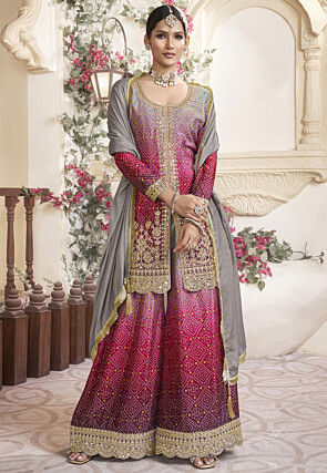 Bandhej Printed Chinon Silk Pakistani Suit in Grey and Pink