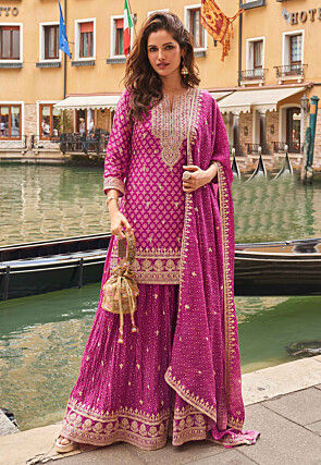Bandhej Printed Chinon Silk Pakistani Suit in Magenta