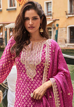 Bandhej Printed Chinon Silk Pakistani Suit in Magenta