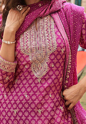 Bandhej Printed Chinon Silk Pakistani Suit in Magenta