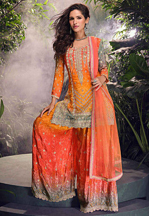 Embroidered Chinon Silk Pakistani Suit in Peach and Yellow