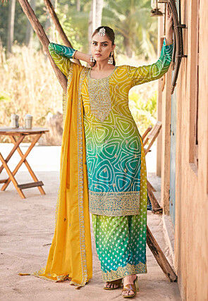 Bandhej Printed Chinon Silk Pakistani Suit in Multicolor