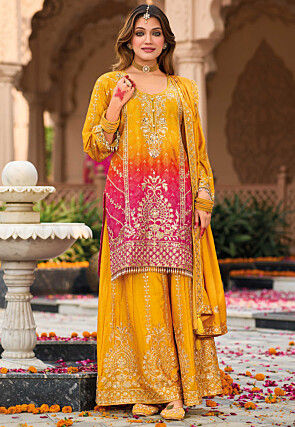 Bandhej Printed Chinon Silk Pakistani Suit in Mustard and Fuchsia