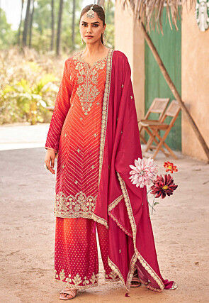 Bandhej Printed Chinon Silk Pakistani Suit in Orange and Pink