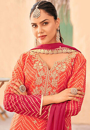 Bandhej Printed Chinon Silk Pakistani Suit in Orange and Pink