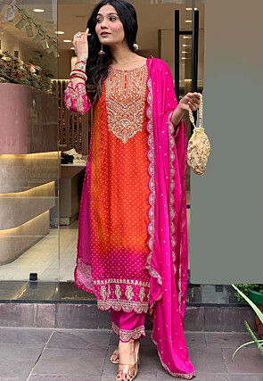 Bandhej Printed Chinon Silk Pakistani Suit in Orange and Pink