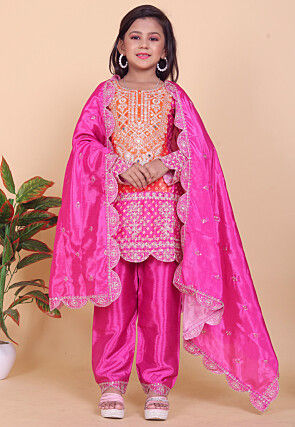 Bandhej Printed Chinon Silk Pakistani Suit in Orange and Pink