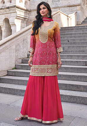 Bandhej Printed Chinon Silk Pakistani Suit in Pink and Mustard