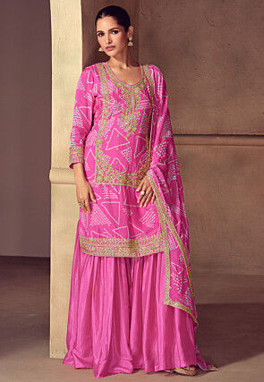 Bandhej Printed Chinon Silk Pakistani Suit in Pink